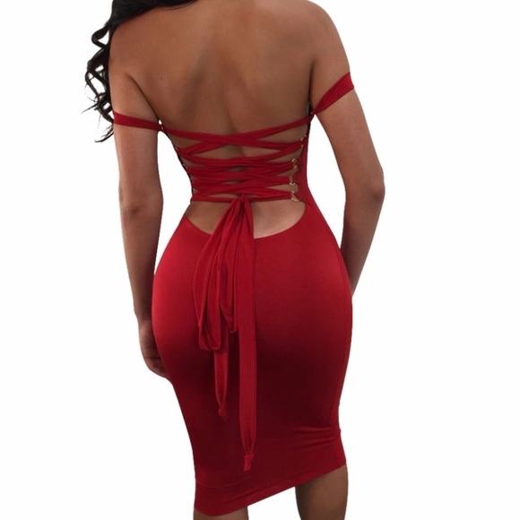 🔴Off Shoulder Red Bodycon Midi Dress - Picture 3 of 3
